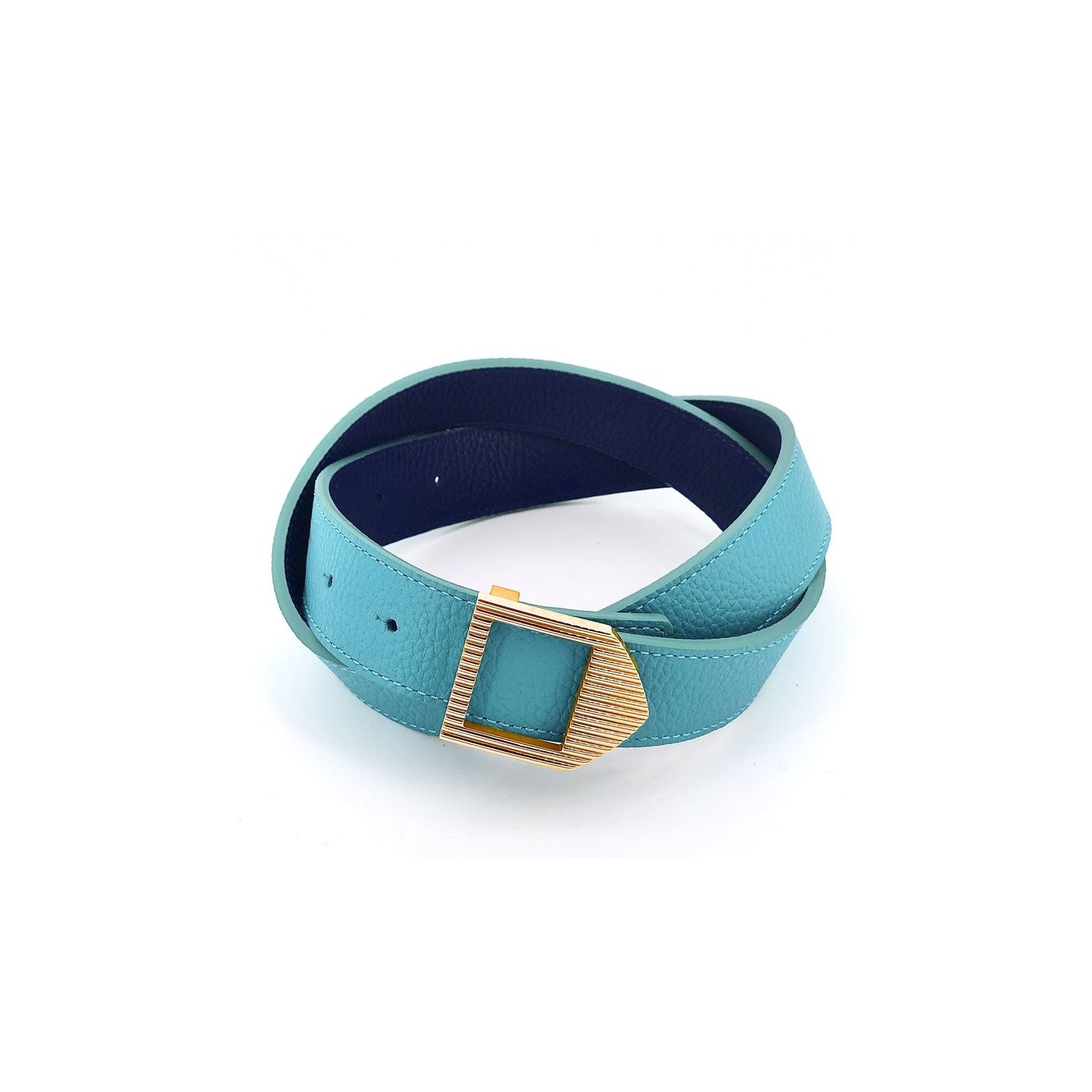 Reversible leather belt turquoise & blue / gold buckle