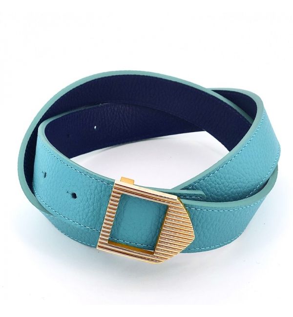 Reversible leather belt turquoise & blue / gold buckle