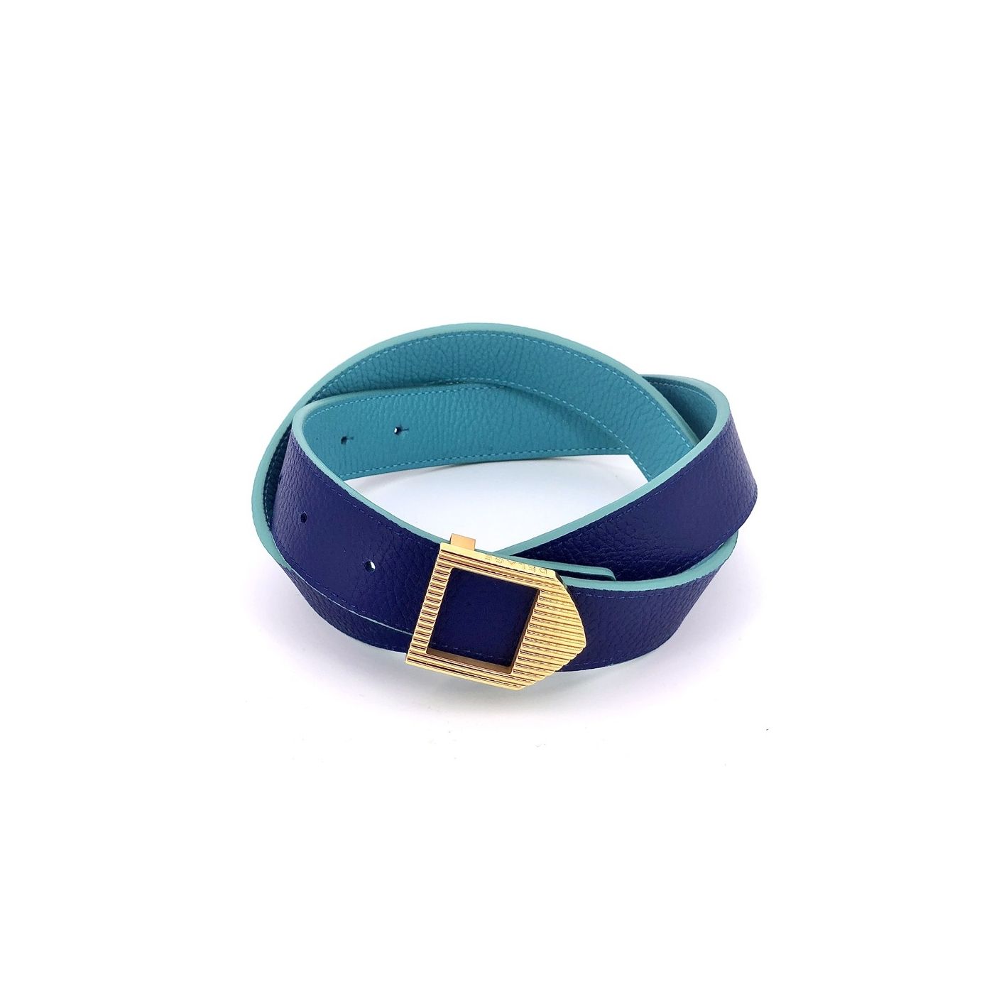 Reversible leather belt turquoise & blue / gold buckle