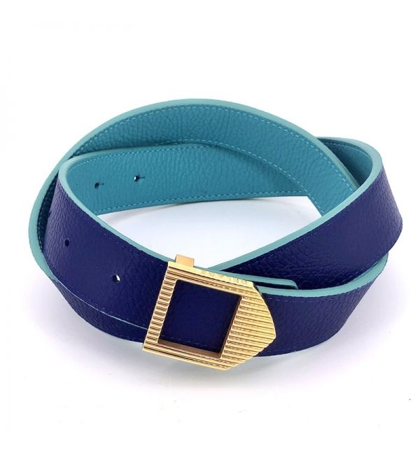 Reversible leather belt turquoise & blue / gold buckle