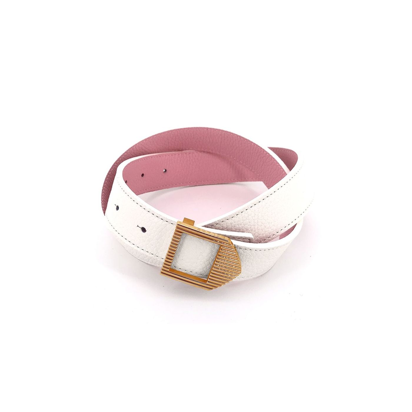 Reversible leather belt white & pink / gold buckle