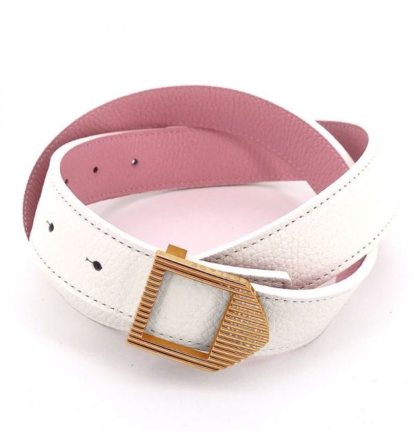 Reversible leather belt white & pink / gold buckle