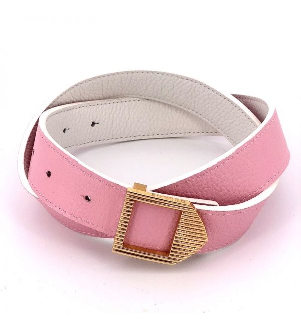 Reversible leather belt white & pink / gold buckle