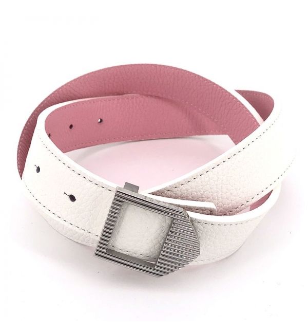 Reversible leather belt white & pink / silver buckle