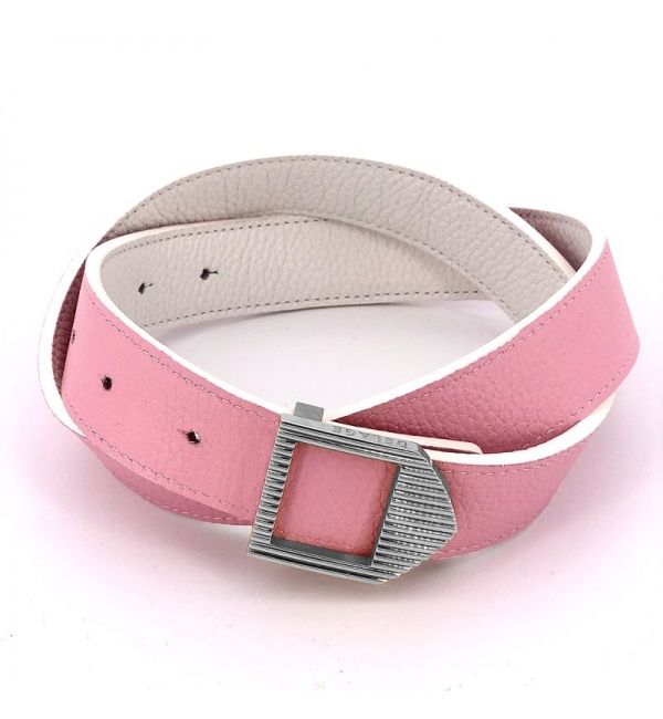 Ceinture cuir Blanc & Rose / boucle argentée