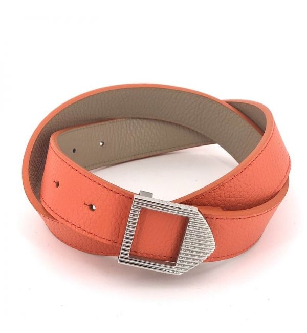 Reversible leather belt orange & brown / silver buckle