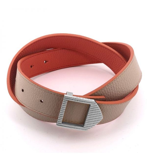 Reversible leather belt orange & brown / silver buckle