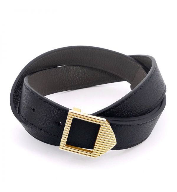 Reversible leather belt black & grey / gold buckle