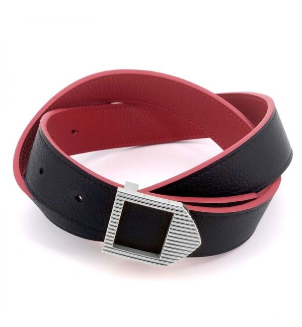 Ceinture cuir Rouge & Noir / boucle argentée