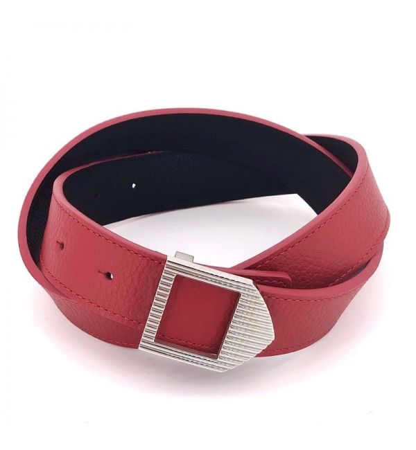 Reversible leather belt red & black / silver buckle