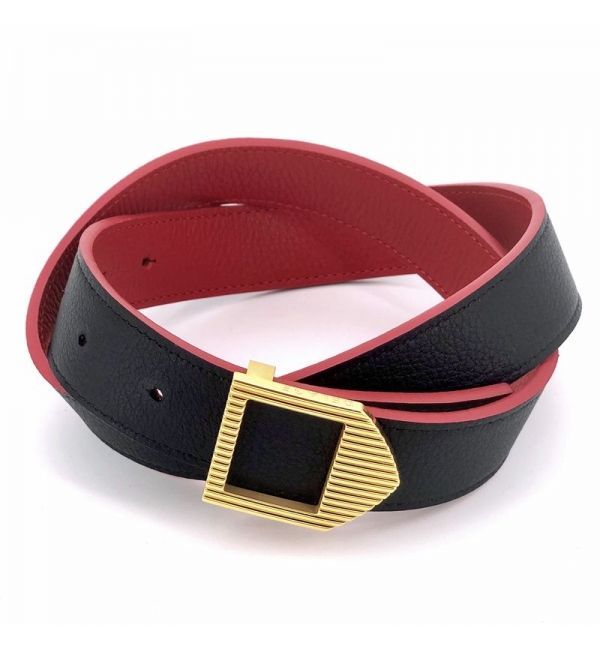 Reversible leather belt red & black / gold buckle