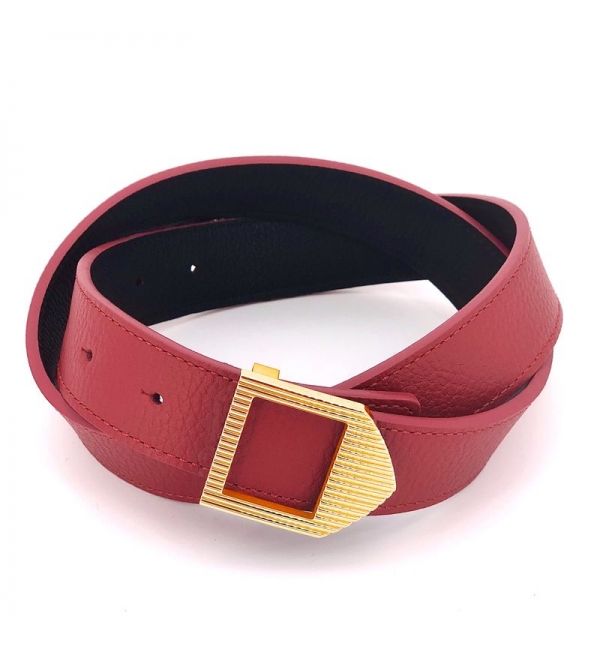 Reversible leather belt red & black / gold buckle