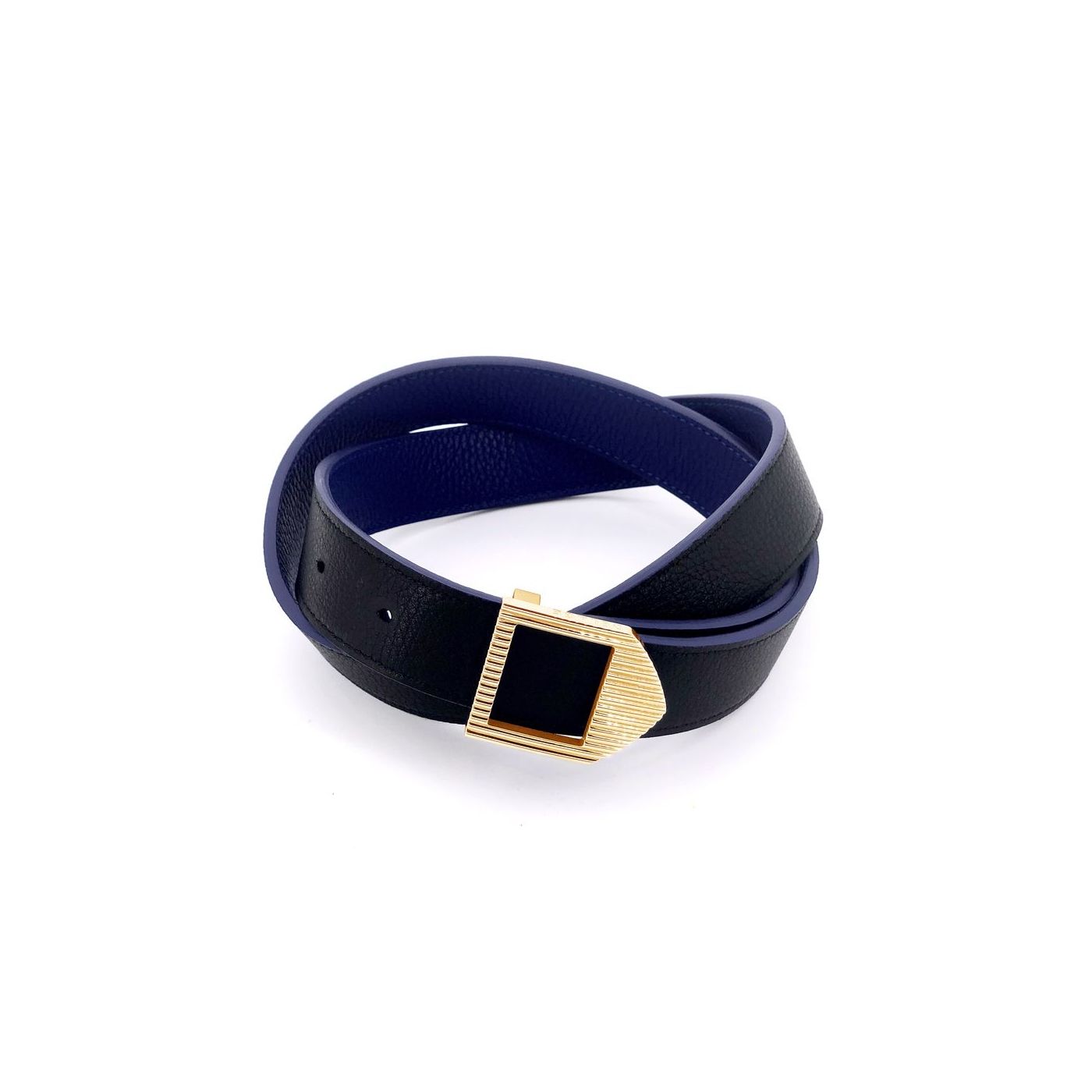 Reversible leather belt black & blue / gold buckle