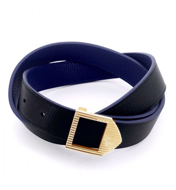 Reversible leather belt black & blue / gold buckle