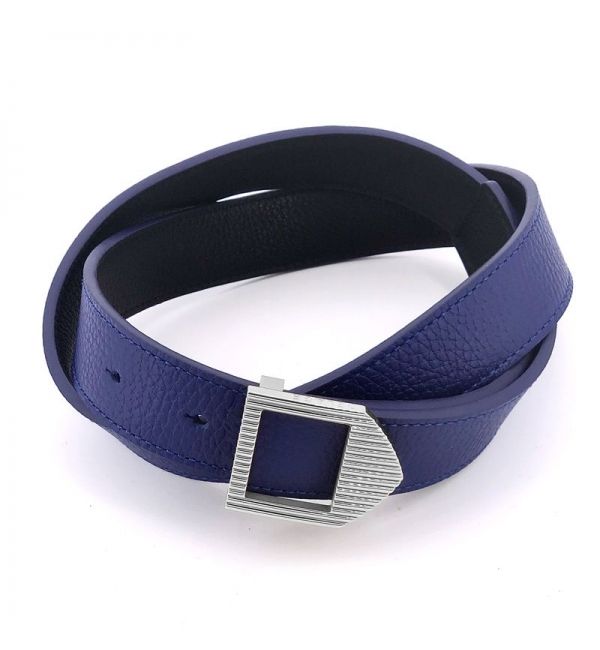 Ceinture cuir Bleu & Noir / boucle argentée