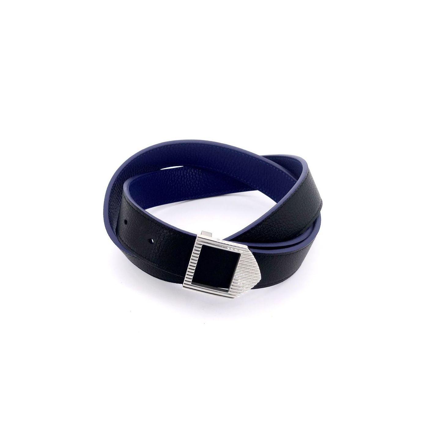 Reversible leather belt blue & black / silver buckle