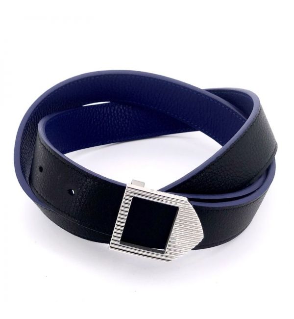 Reversible leather belt blue & black / silver buckle