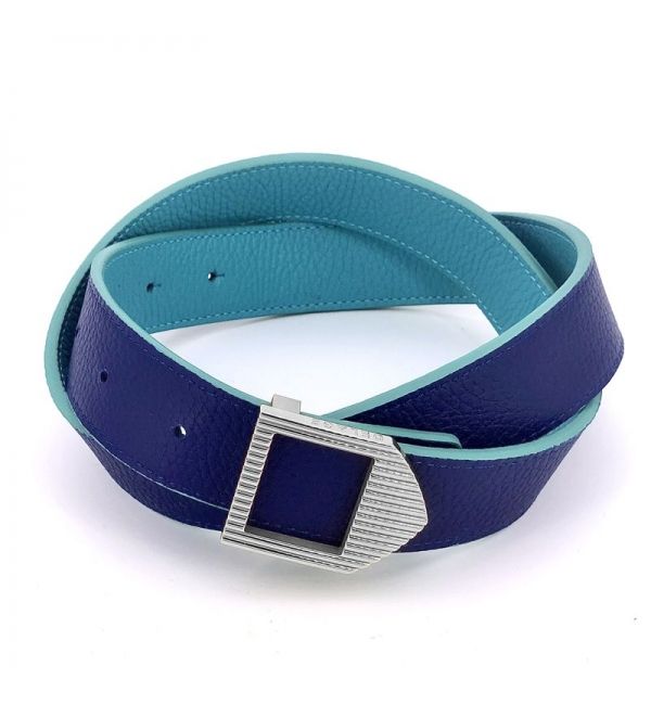 Reversible leather belt turquoise & blue / silver buckle