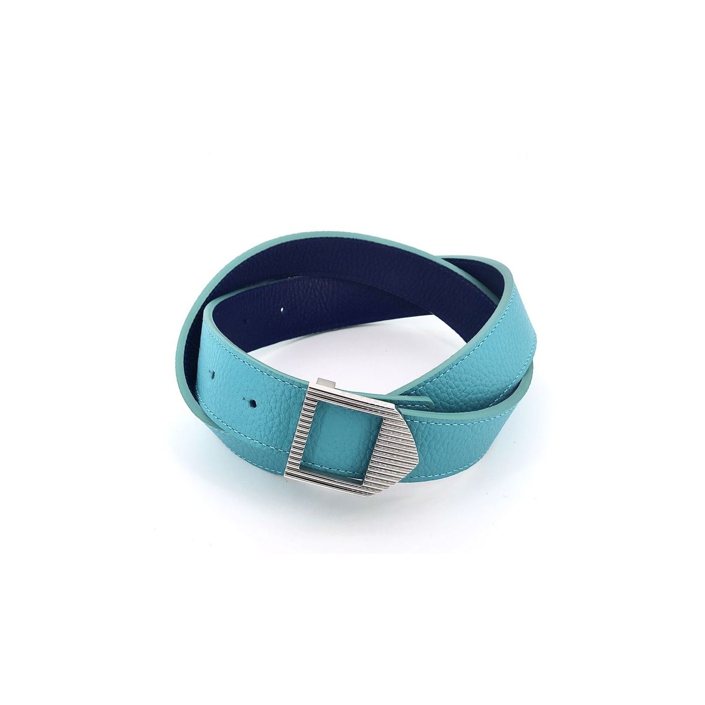 Ceinture cuir Turquoise & Bleu saphir / boucle argentée