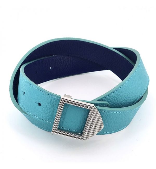 Ceinture cuir Turquoise & Bleu saphir / boucle argentée