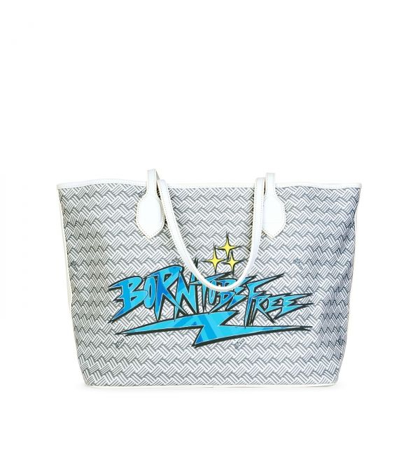 Blue Luxury Tote Bag Coated Canvas and Black Leather Lulu